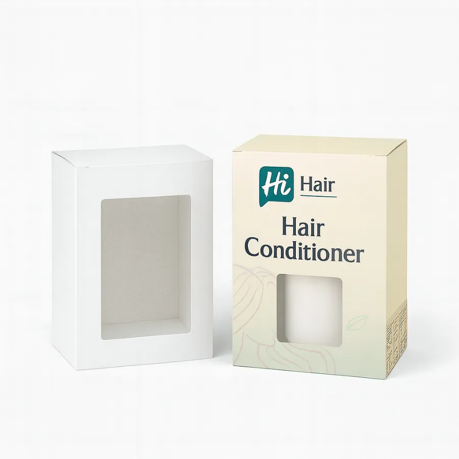 Two rectangular conditioner boxes featuring large square windows- one minimalist white and one with cream branding- class=